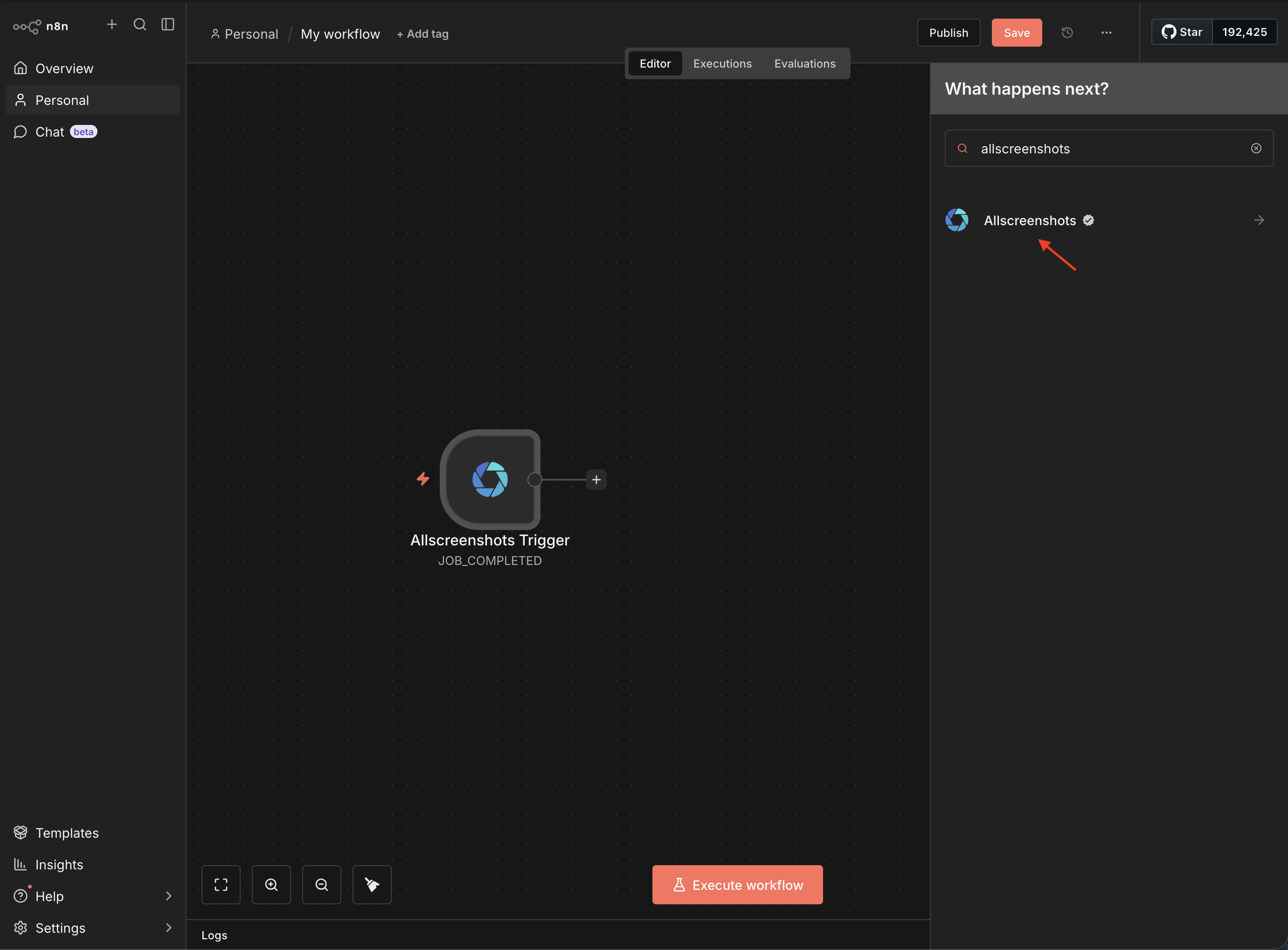 Adding the Allscreenshots node in the n8n workflow editor