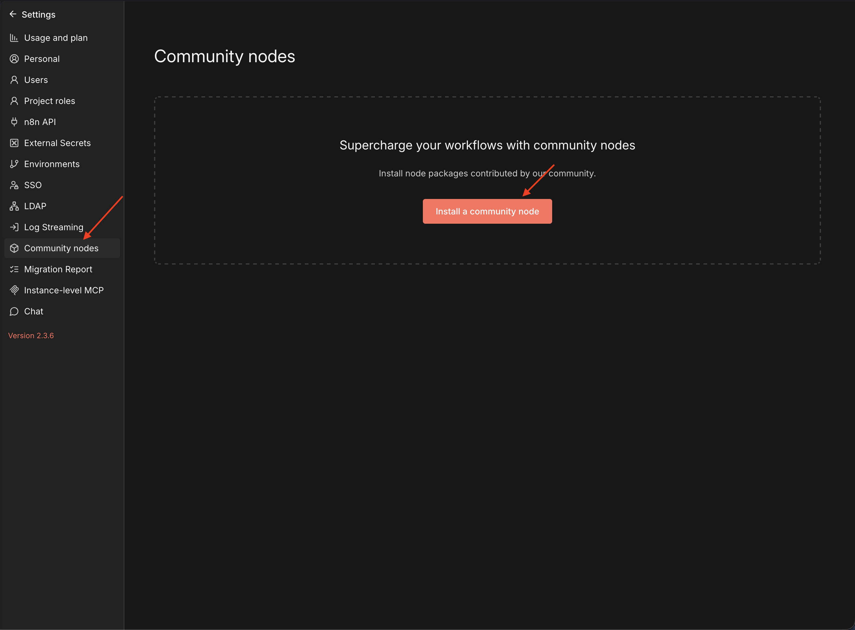 The Community Nodes settings page
