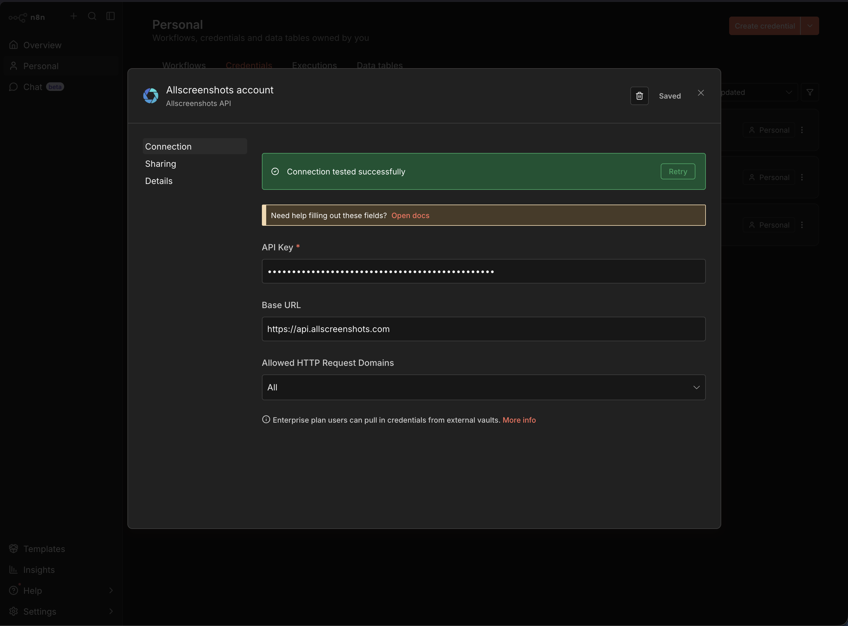 The saved Allscreenshots API credential with a successful connection test