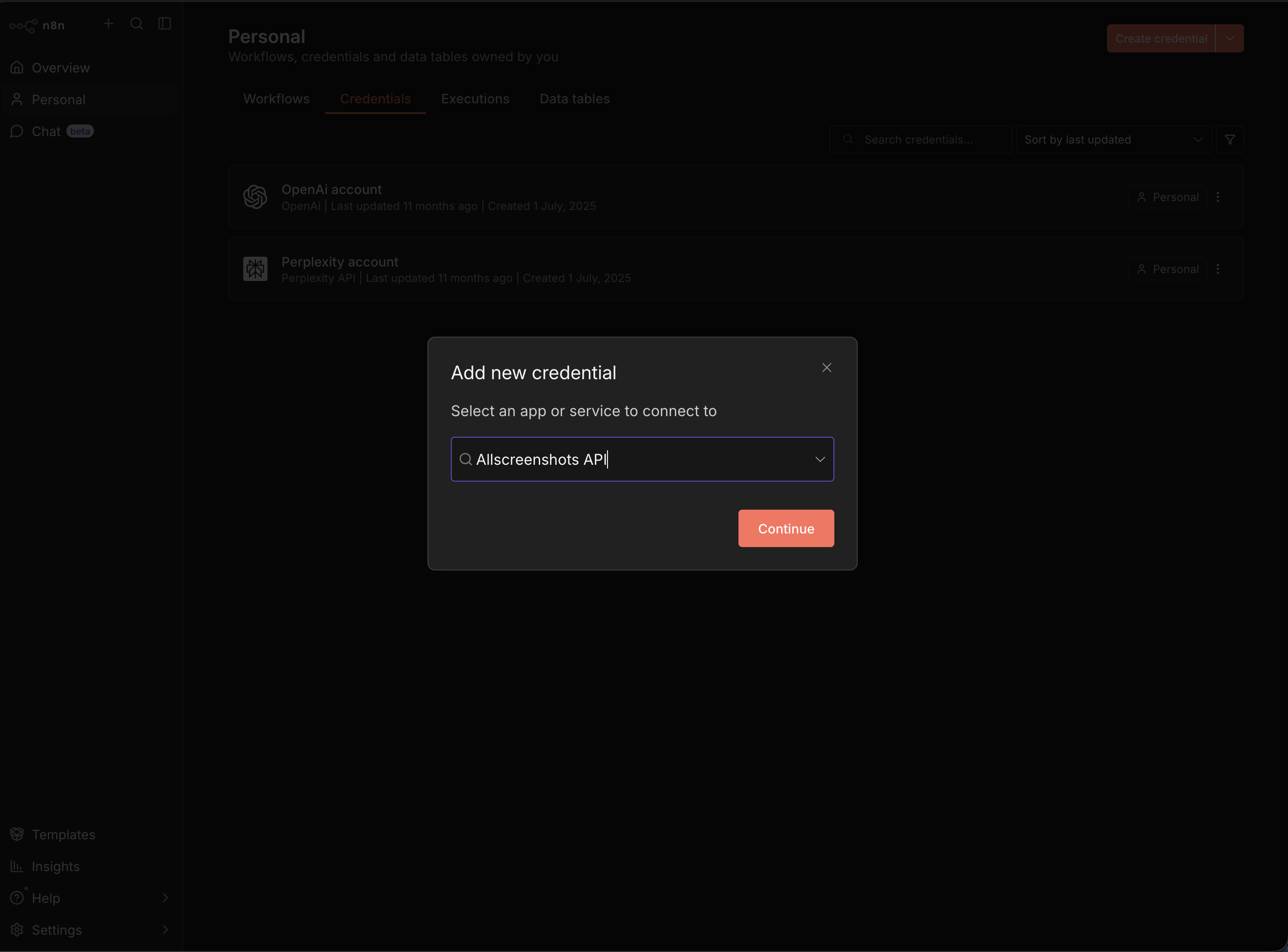 Selecting the Allscreenshots API credential type