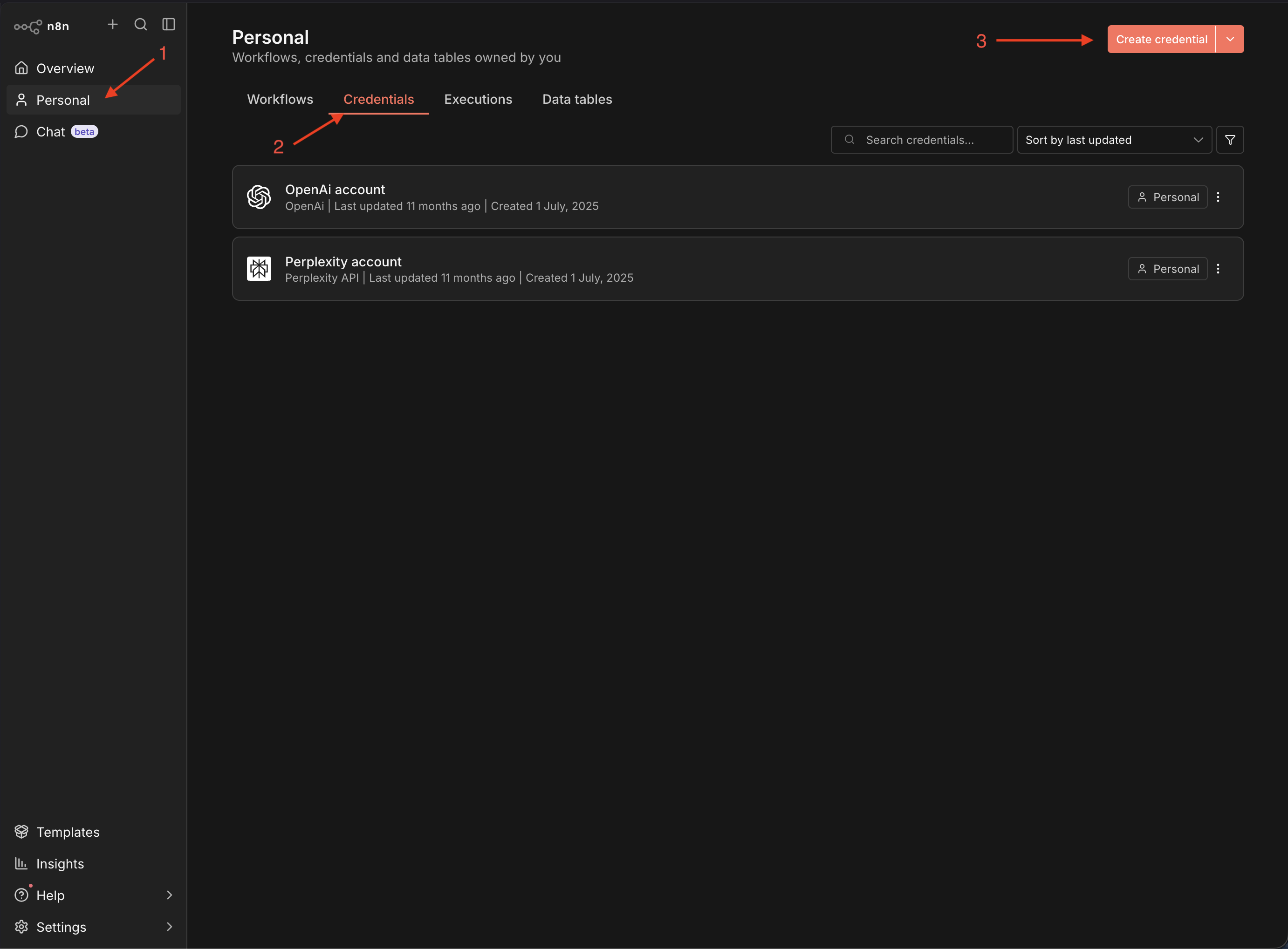 Creating a credential from the n8n Credentials tab