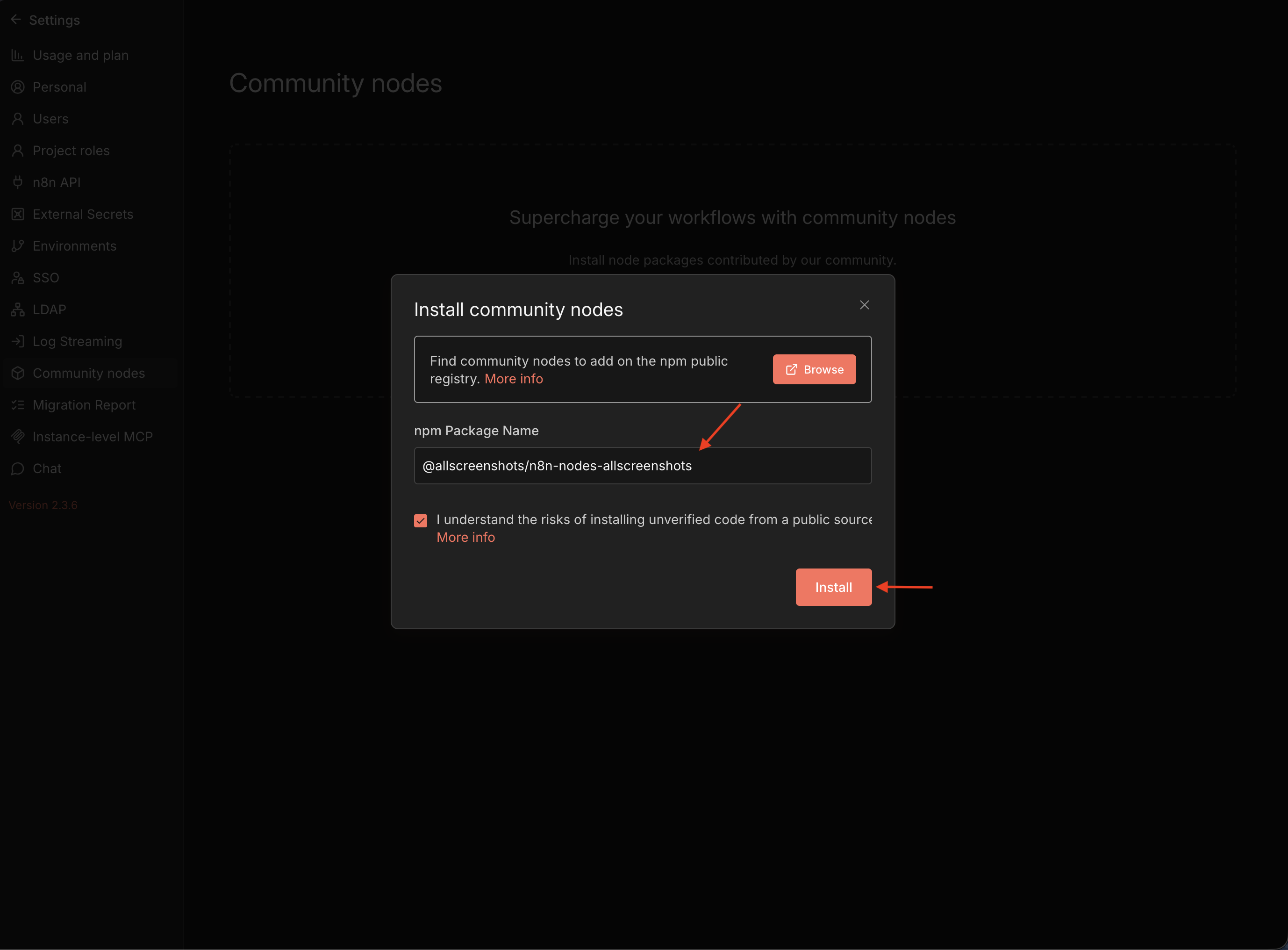 Installing the AllScreenshots package by npm name