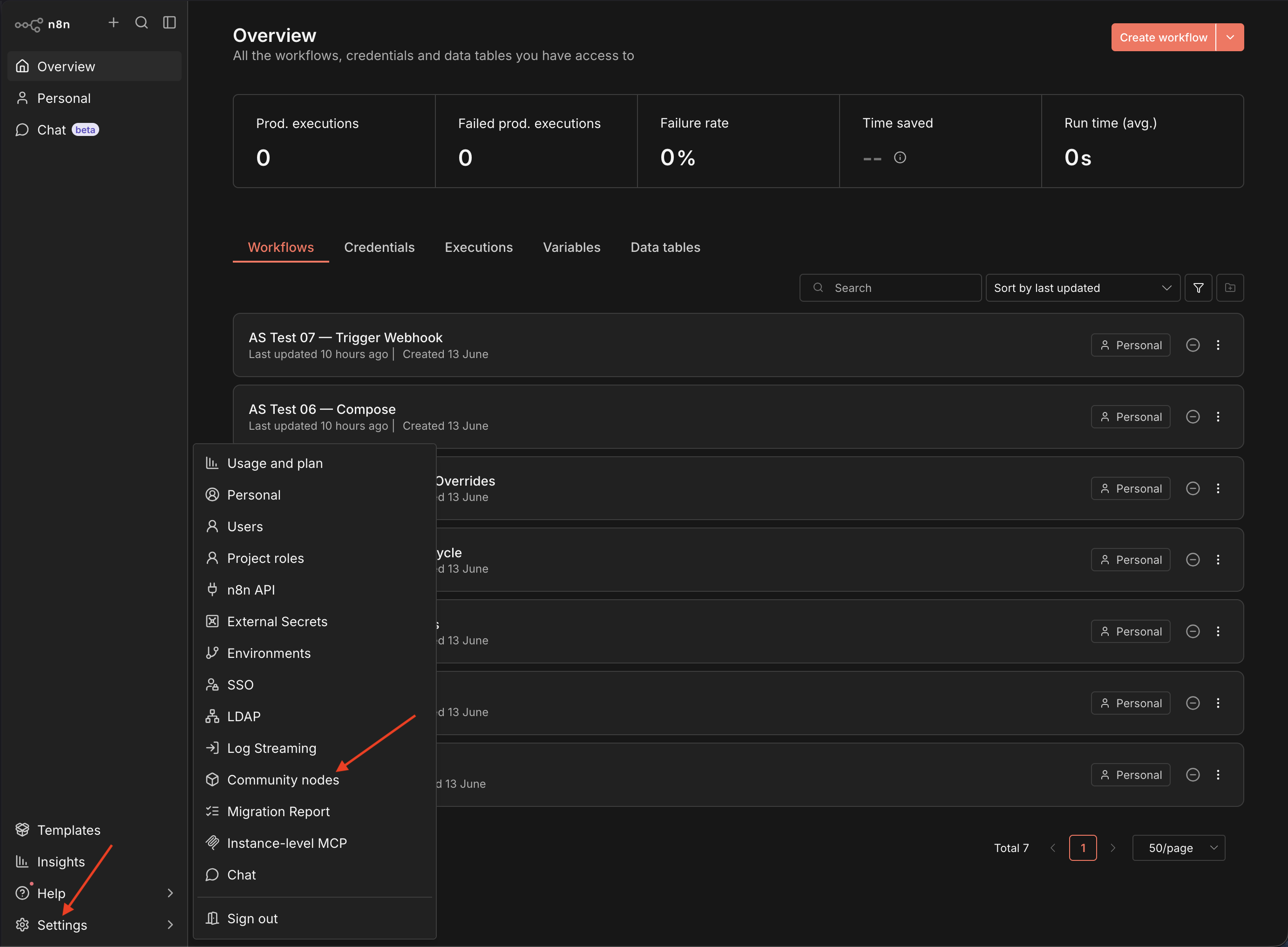 Opening Community Nodes from the n8n settings menu