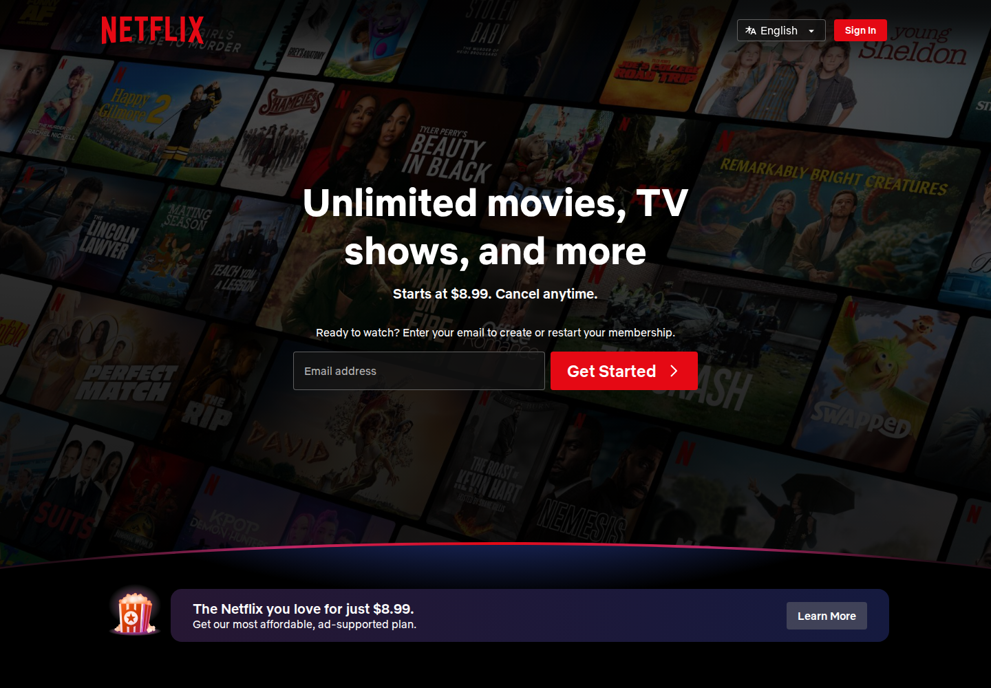 Screenshot of the Netflix landing page captured with the Allscreenshots API